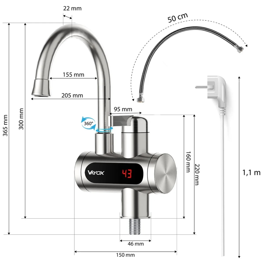 Scaldabagno istantaneo con LED display 3000W/230V IPX4 acciaio inossidabile