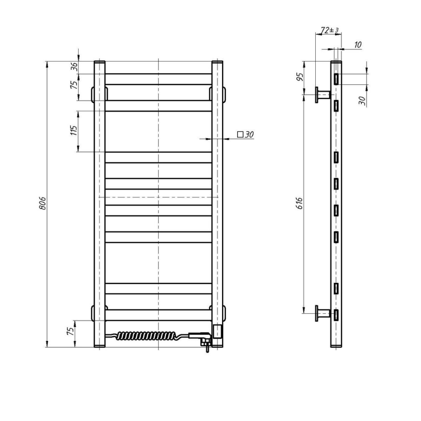Scalda asciugamani a scaletta per bagno AVANGARD con termostato — 251 W / 230 V, 80,6 cm, IP44, nero, sinistro, profilo quadrato