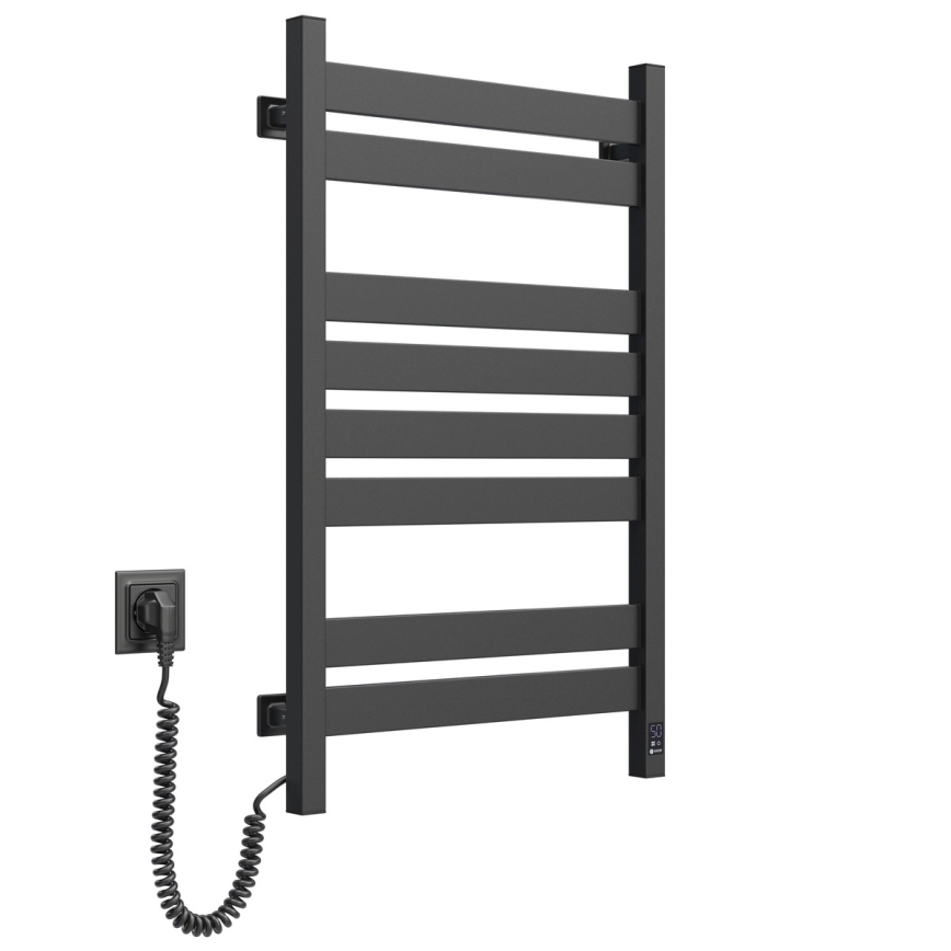 Radiatore scaldasalviette LARGO con termostato, 432 W/230 V, 80,6 cm, IP44 — nero, sinistro, profilo quadrato