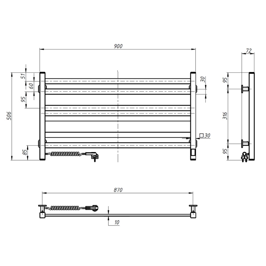 AVANGARD Scaldasalviette da bagno con termostato – 316 W / 230 V, 50,6 cm, IP44, bianco, sinistro, profilo quadrato