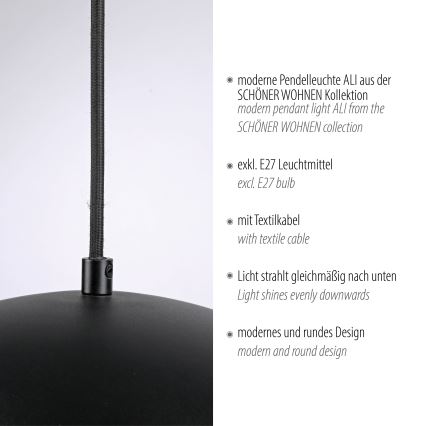 Schöner Wohnen 11728-18 - Pendelleuchte ALI 1xE27/25W/230V Ø 38 cm schwarz