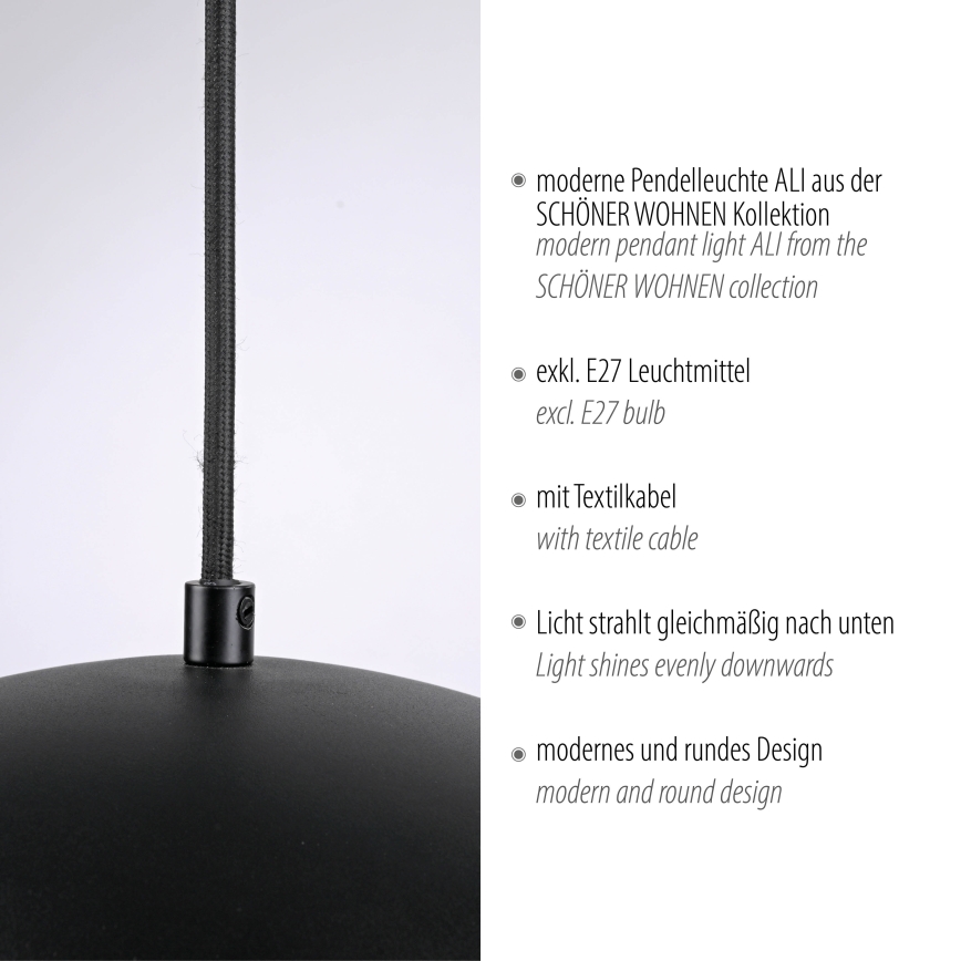 Schöner Wohnen 11728-18 - Suspension sur câble ALI 1xE27/25W/230V Ø 38 cm, noire