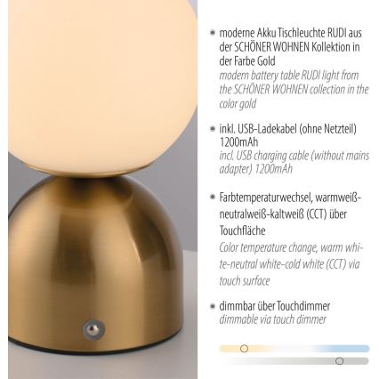 Schöner Wohnen 19218-12 - Lampada da tavolo ricaricabile dimmerabile a sfioramento RUDI LED/1,2W/5V 3000-6000K 1200 mAh dorata