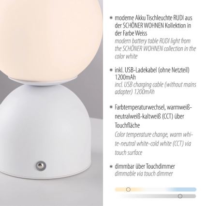 Schöner Wohnen 19218-16 - Lampe de table LED dimmable à commande tactile et rechargeable RUDI LED/1,2W/5V 3000-6000K 1200 mAh blanche