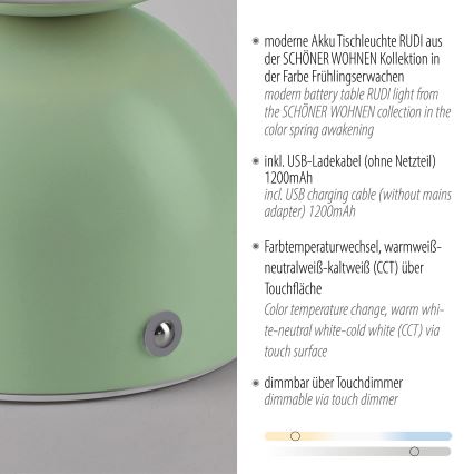 Schöner Wohnen 19218-43 - Lampada da tavolo ricaricabile dimmerabile a sfioramento RUDI LED/1,2W/5V 3000-6000K 1200 mAh verde