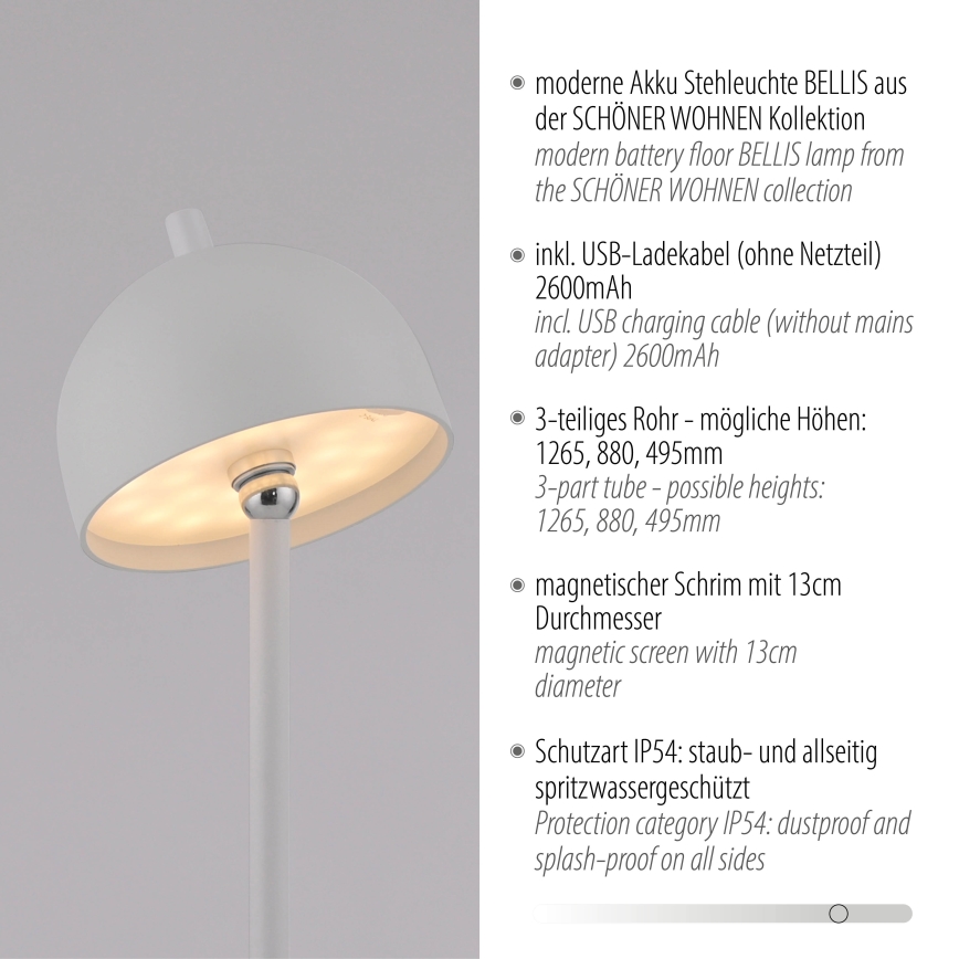 Schöner Wohnen 19245-16 - Lampada da terra per esterni ricaricabile a LED dimmerabile con comando a sfioramento BELLIS LED/2,5W/5V 2600 mAh IP54 bianco
