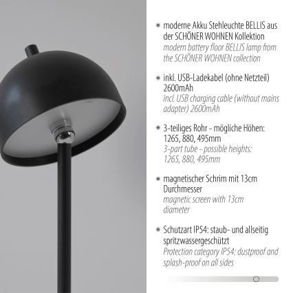 Schöner Wohnen 19245-18 - dimmbare, touchbedienbare, wiederaufladbare Außen-Stehlampe BELLIS LED/2,5W/5V 2600 mAh IP54 schwarz
