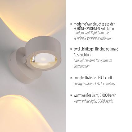 Schöner Wohnen 19331-39 - Lampada da parete LED CHIA 2xLED/2W/230V grigio