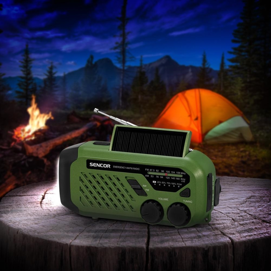 Sencor - Camping-Radio mit Solarpanel und LED-Taschenlampe 5V/2000 mAh IPX4 grün