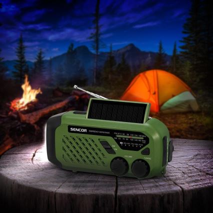 Sencor - Camping-Radio mit Kurbel, Solarpanel und LED-Taschenlampe, 5V/2000 mAh, IPX4, grün