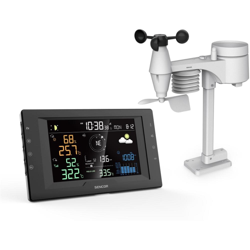 Sencor - Professionelle Wetterstation mit farbigem LCD-Display und Wecker 5V/1xCR2032 + 3xAA