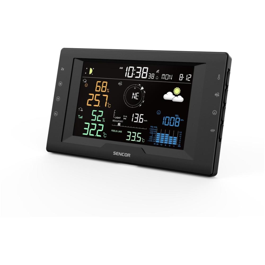 Sencor - Professionelle Wetterstation mit farbigem LCD-Display und Wecker 5V/1xCR2032 + 3xAA