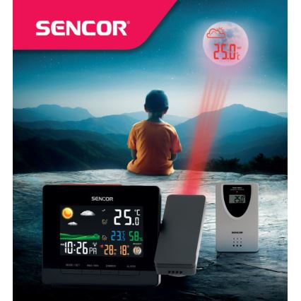 Sencor - Station météo avec écran couleur LCD, alarme et projection 2xAA