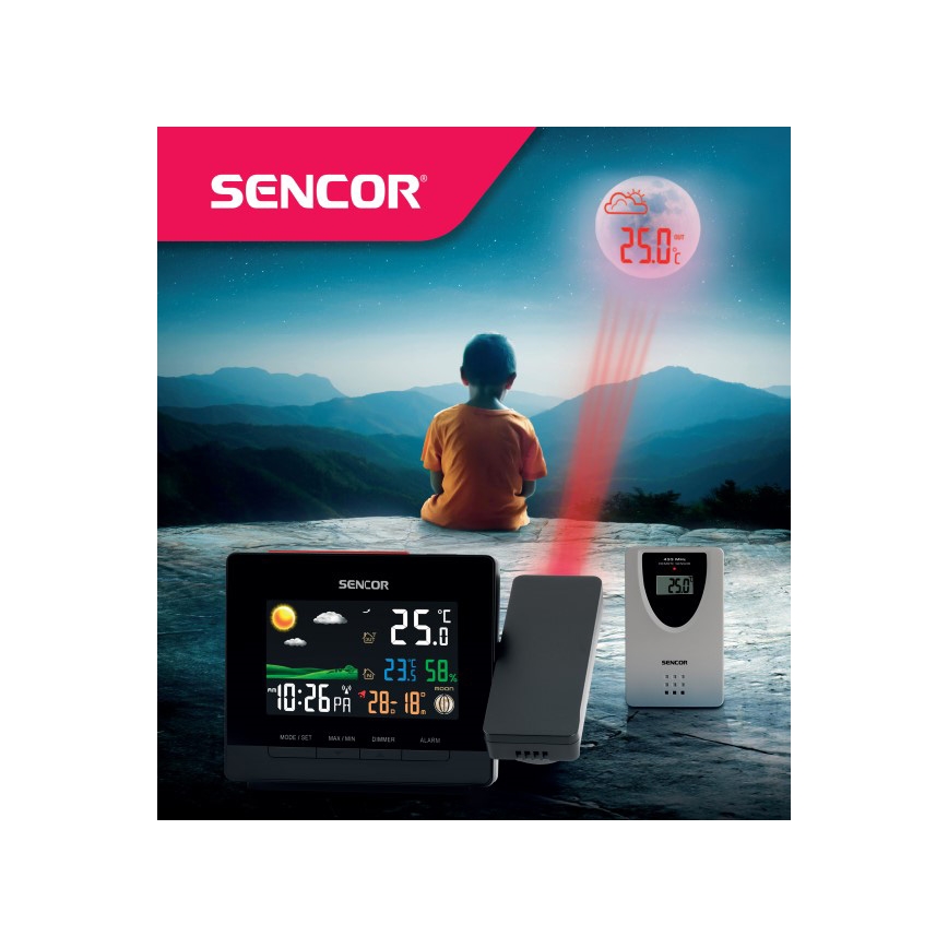 Sencor - Station météo avec écran couleur LCD, alarme et projection 2xAA