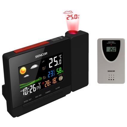 Sencor - Station météo avec écran couleur LCD, alarme et projection 2xAA
