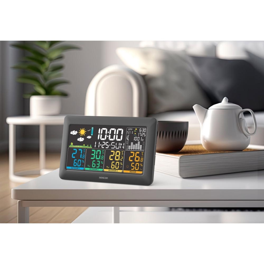 Sencor - Station météo avec écran LCD couleur + 3 capteurs 3xAA + 6xAA, noire