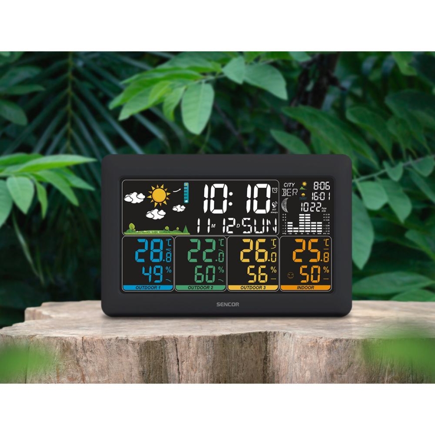 Sencor - Station météo avec écran LCD couleur + 3 capteurs 3xAA + 6xAA, noire