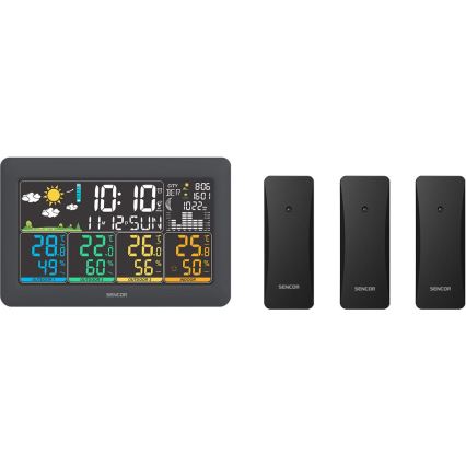 Sencor - Station météo avec écran LCD couleur + 3 capteurs 3xAA + 6xAA, noire