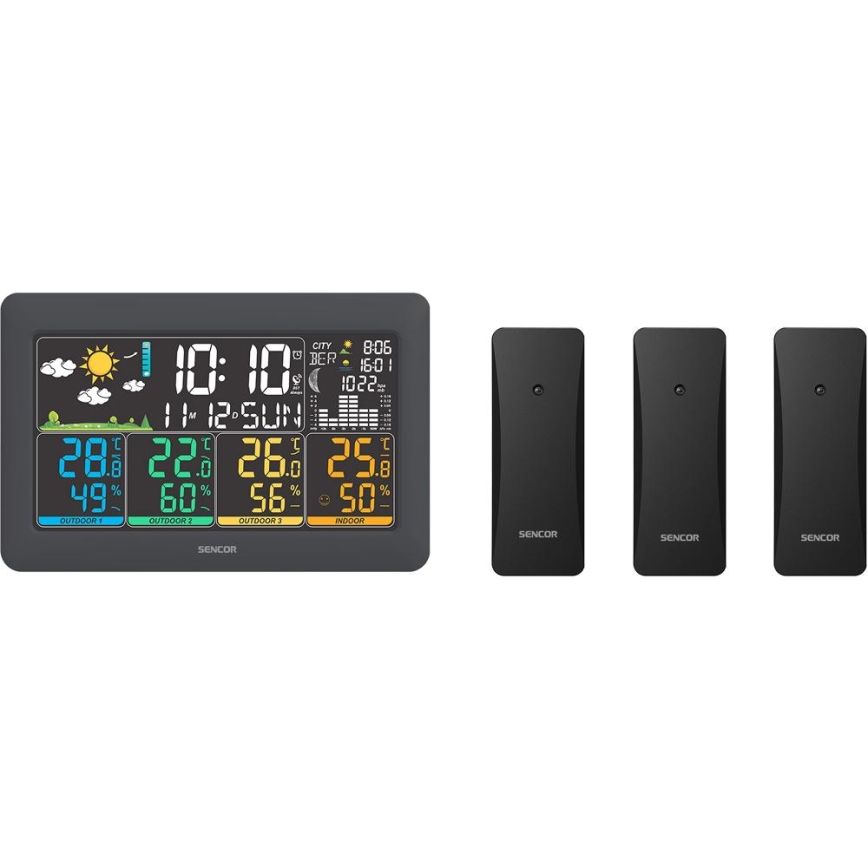 Sencor - Station météo avec écran LCD couleur + 3 capteurs 3xAA + 6xAA, noire