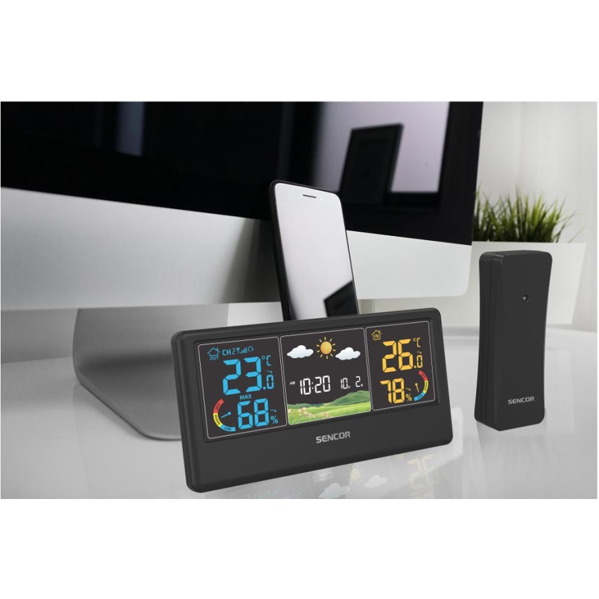 Sencor - Station météo avec écran LCD couleur 3xAAA + 2xAA noire