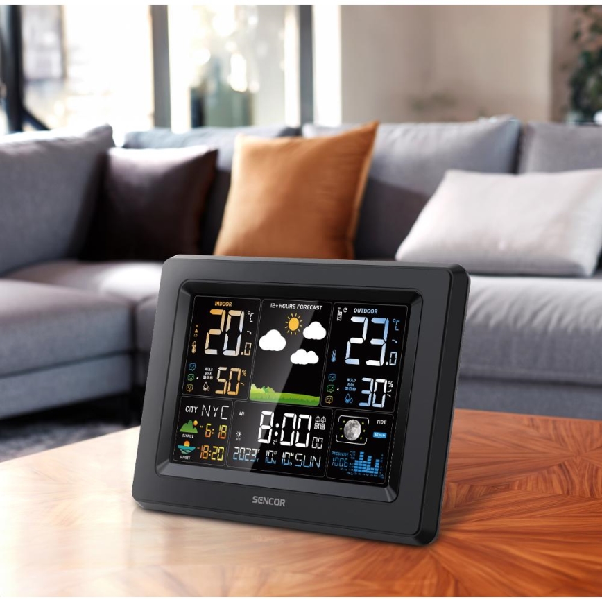 Sencor - Station météo avec écran LCD couleur, alimentée par 3xAA + 2xAA, noir