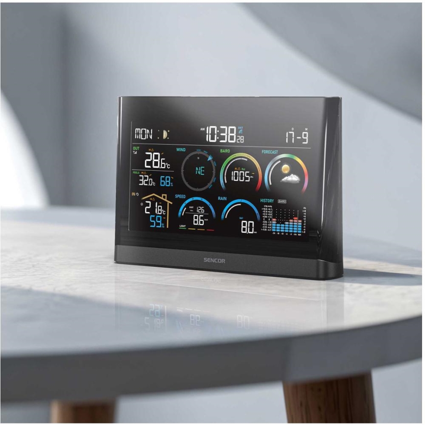 Sencor - Station météo professionnelle avec écran LCD couleur et réveil 5V/3xAAA + 3xAA