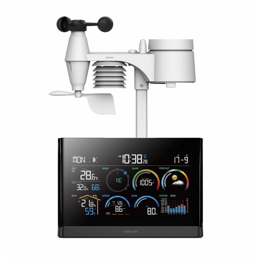 Sencor - Station météo professionnelle avec écran LCD couleur et réveil 5V/3xAAA + 3xAA