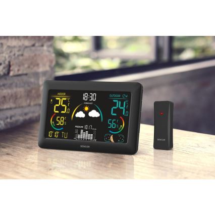 Sencor - Stazione meteo con display LCD a colori e sveglia 3xAA