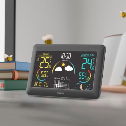 Sencor - Stazione meteo con display LCD a colori e sveglia 3xAA