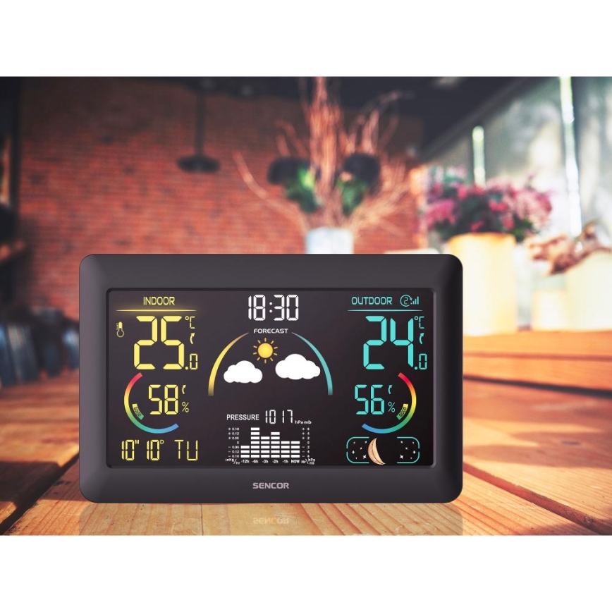 Sencor - Stazione meteo con display LCD a colori e sveglia 3xAA