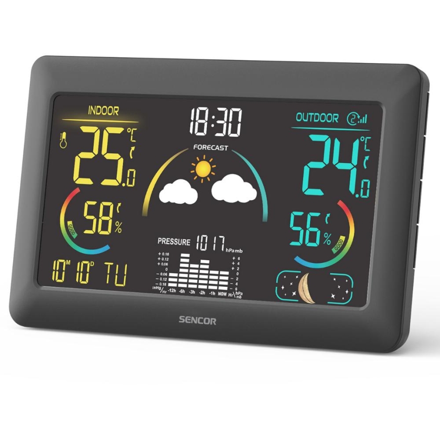 Sencor - Stazione meteo con display LCD a colori e sveglia 3xAA