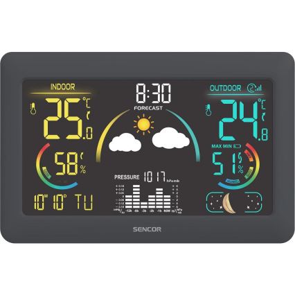 Sencor - Stazione meteo con display LCD a colori e sveglia 3xAA