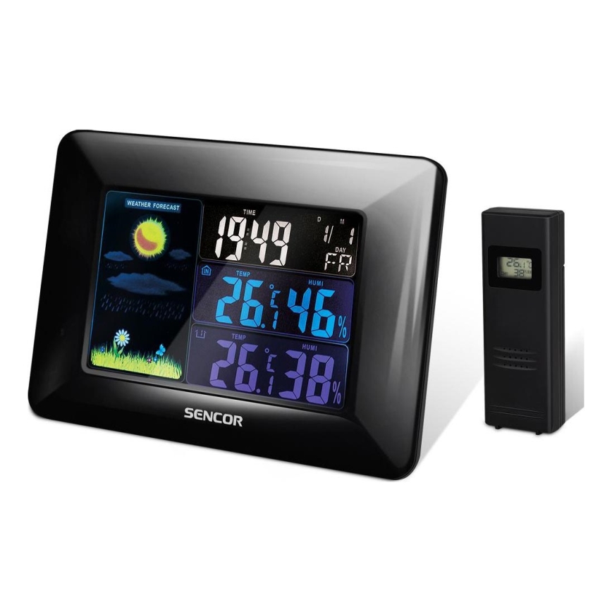 Sencor - Stazione meteo con display LCD a colori e sveglia 3xAAA nero