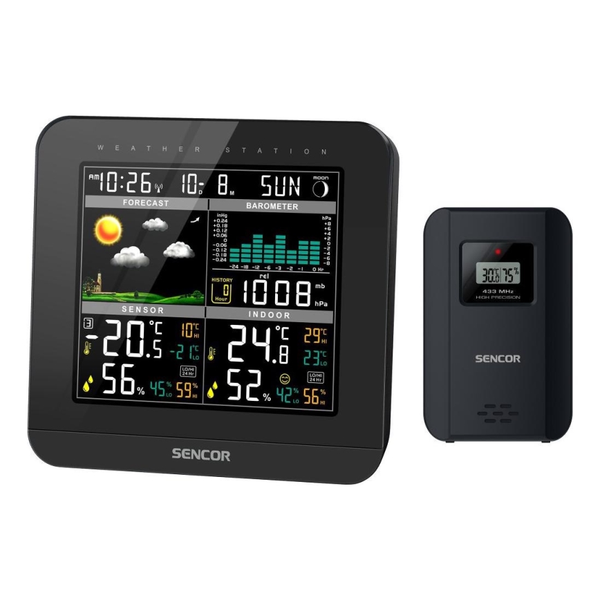 Sencor - Stazione meteo con display LCD a colori e sveglia 3xAAA nero