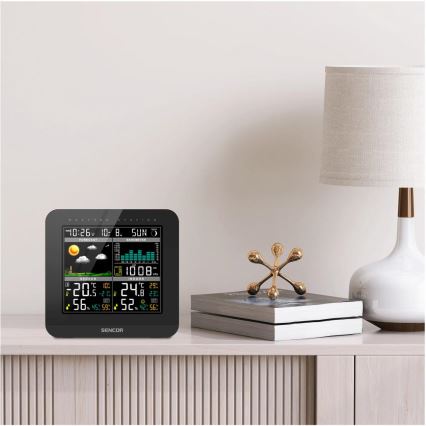 Sencor - Stazione meteo con display LCD a colori e sveglia 3xAAA nero