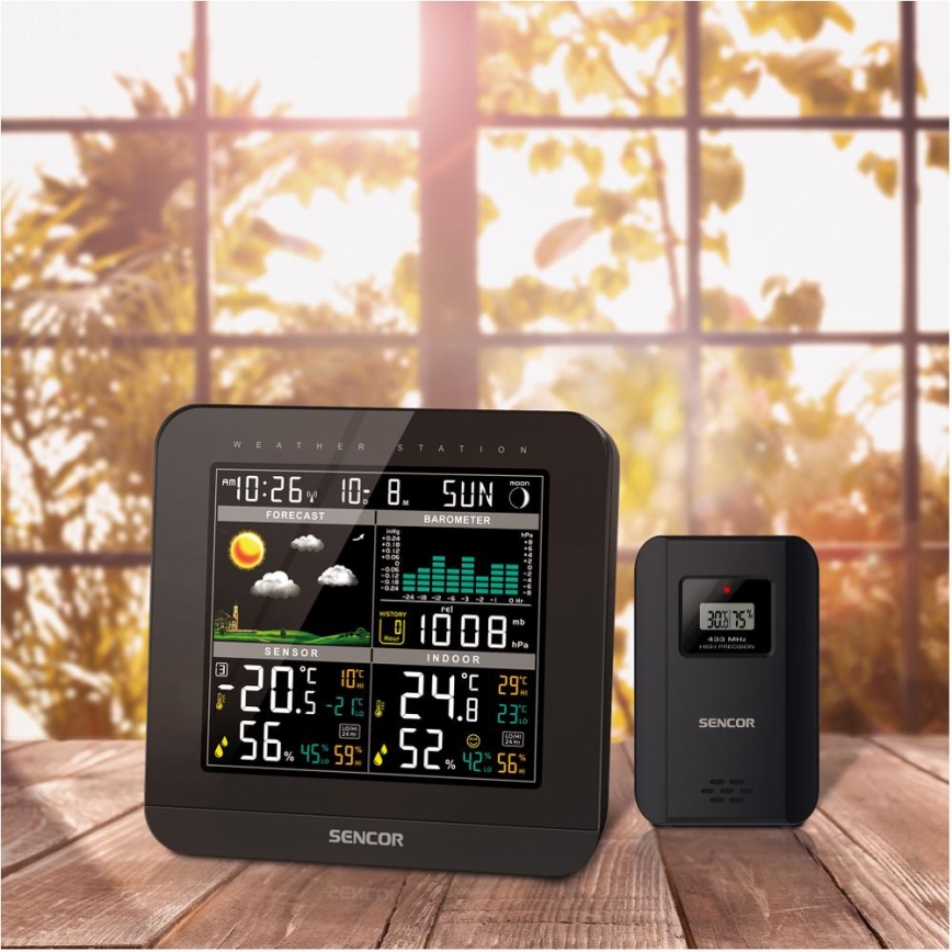 Sencor - Stazione meteo con display LCD a colori e sveglia 3xAAA nero