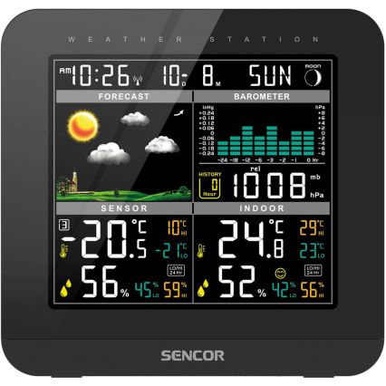 Sencor - Stazione meteo con display LCD a colori e sveglia 3xAAA nero