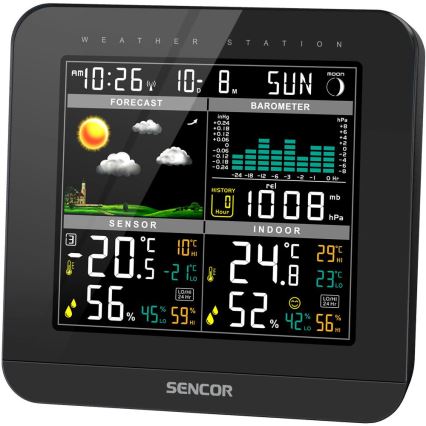 Sencor - Stazione meteo con display LCD a colori e sveglia 3xAAA nero