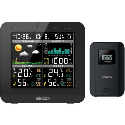 Sencor - Stazione meteo con display LCD a colori e sveglia 3xAAA nero