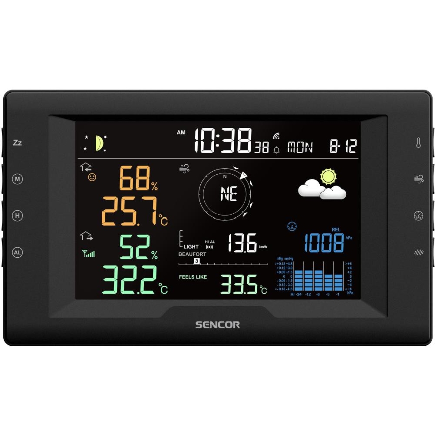Sencor - Stazione meteorologica professionale con display LCD a colori e sveglia 5V/1xCR2032 + 3xAA
