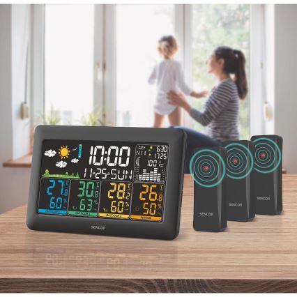 Sencor - Stazione meteorologica con display LCD a colori + 3 sensori 3xAA + 6xAA nero