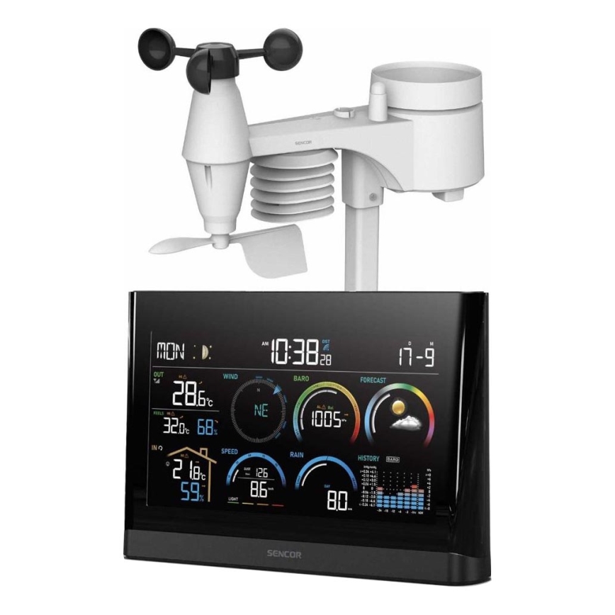 Sencor - Stazione meteorologica professionale con display LCD a colori e sveglia 5V/3xAAA + 3xAA