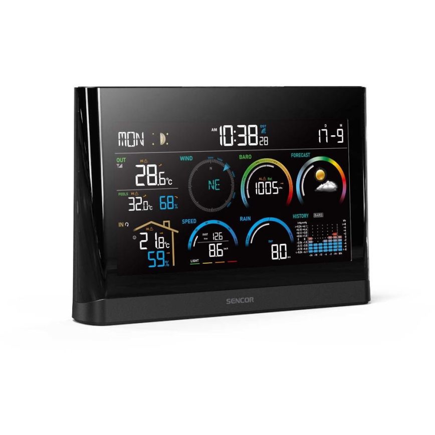 Sencor - Stazione meteorologica professionale con display LCD a colori e sveglia 5V/3xAAA + 3xAA