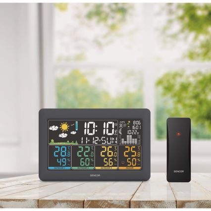 Sencor - Wetterstation mit farbigem LCD-Display + 3 Sensoren, 3xAA + 6xAA, schwarz