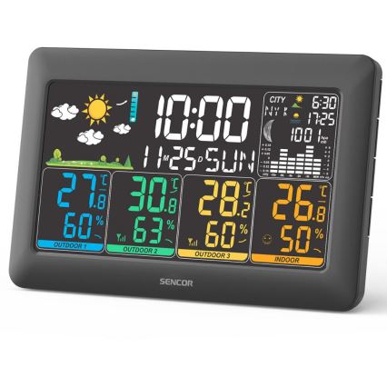 Sencor - Wetterstation mit farbigem LCD-Display + 3 Sensoren, 3xAA + 6xAA, schwarz