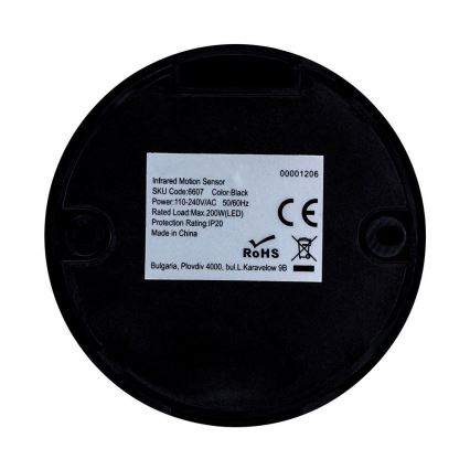 Sensore di movimento a infrarossi 360° 200W/230V nero