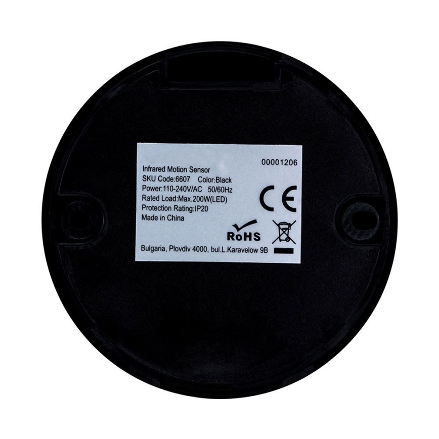 Sensore di movimento a infrarossi 360° 200W/230V nero