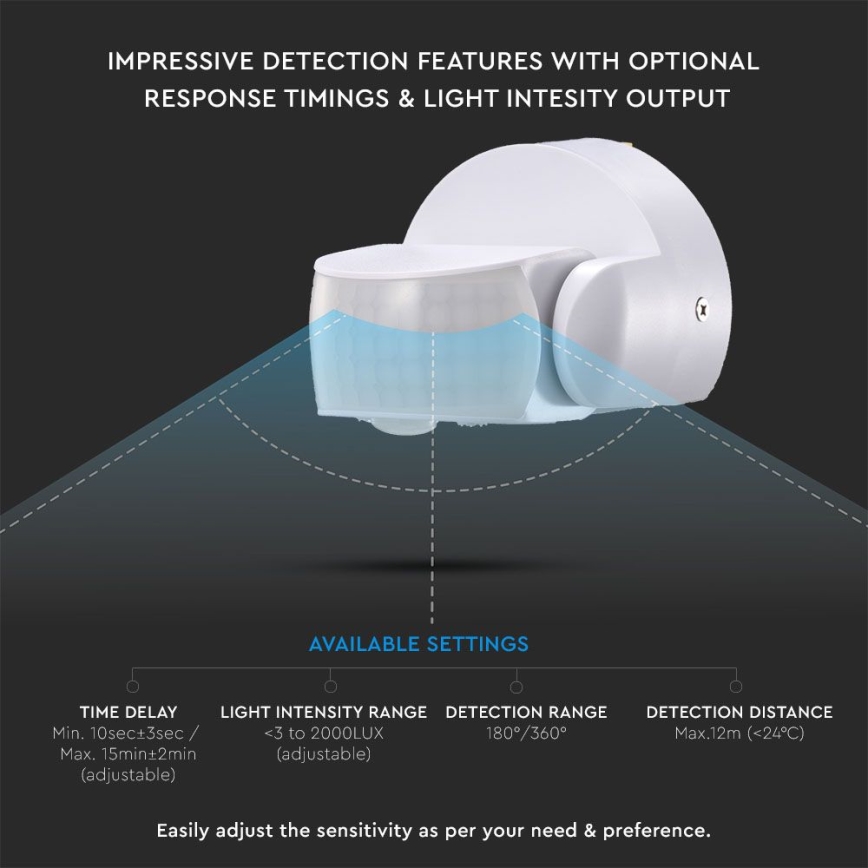 Sensore di movimento esterno a infrarossi 180/360° 600W/230V IP65 bianco