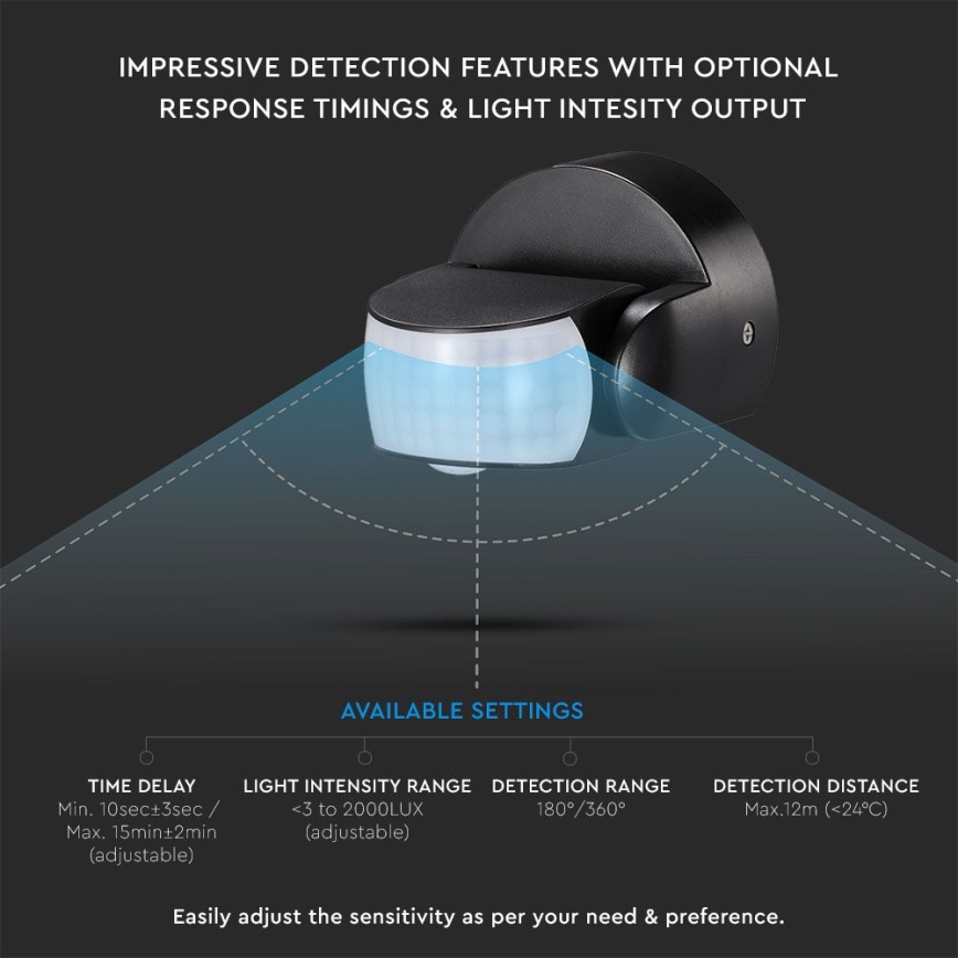 Sensore di movimento esterno a infrarossi 180/360° 600W/230V IP65 nero
