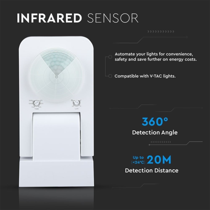 Sensore di movimento esterno a infrarossi 360° 1000W/230V IP65 bianco